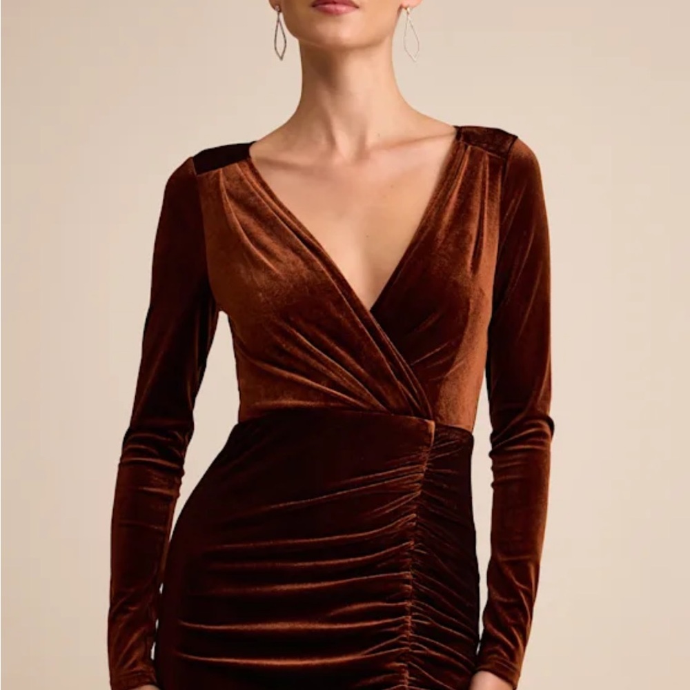 Express Rick Brown Velvet Ruched Long Sleeve Dress — Size S